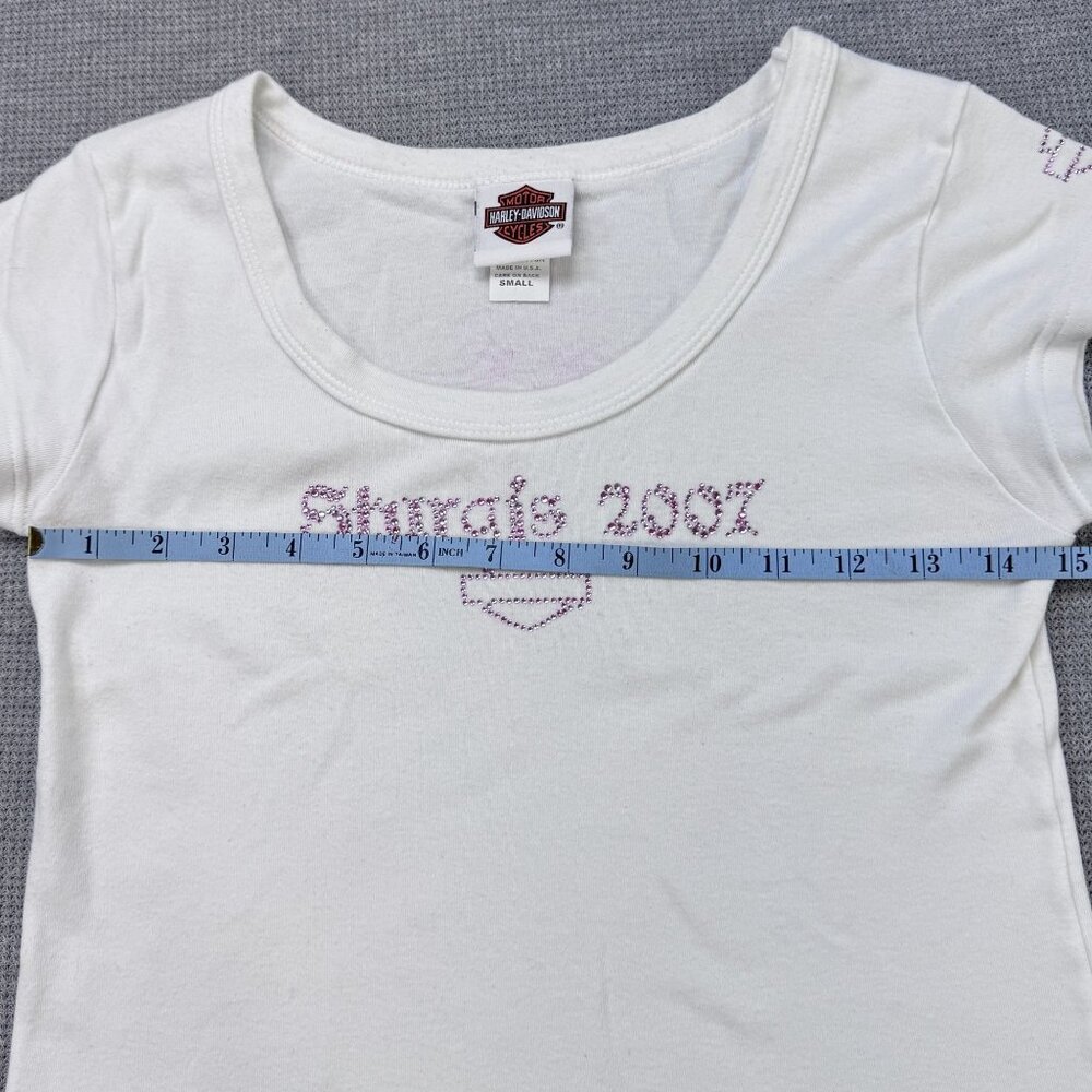 Harley-Davidson Womens White Sturgis 2007 T-Shirt Pink Rhinestone Logo Size S - Picture 11 of 15